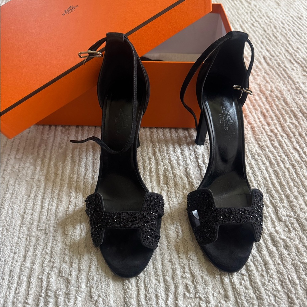 Hermes Black Suede Crystal 'H' Ankle-Strap Heels